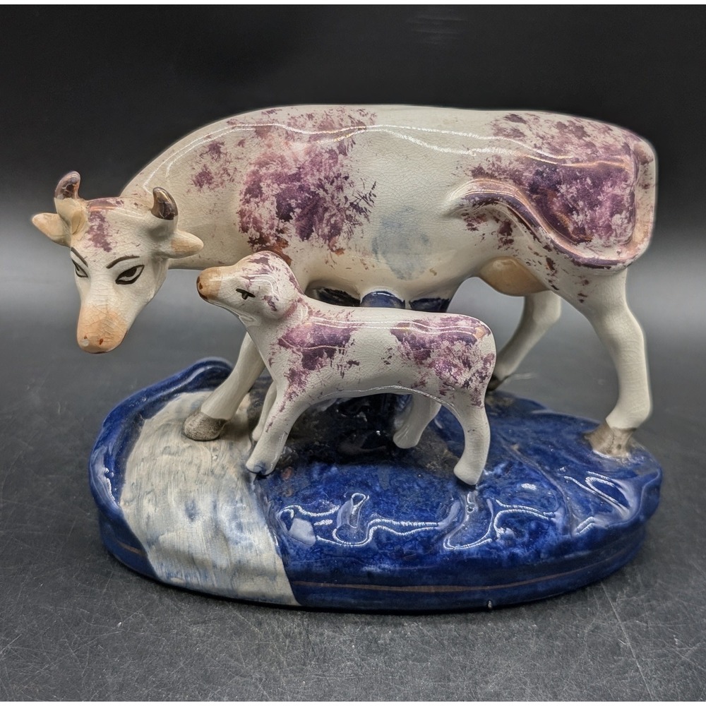 Old Staffordshire Ware England Cow and Calf Figurine Purple Luster Sponged Blue